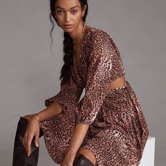 Anthropologie Ranna Gill Floral Leopard Print Cut-Out Midi Dress - Picture 1 of 6